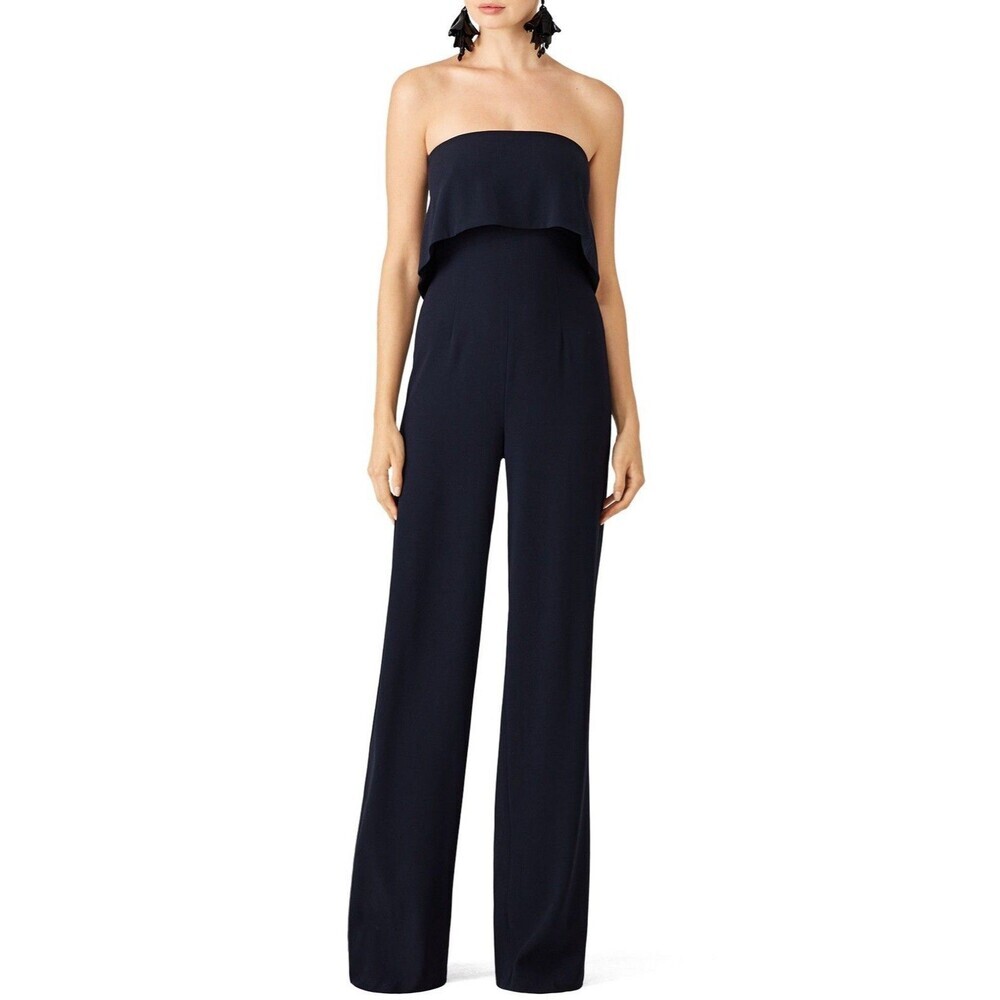 MONIQUE LHUILLIER Size 8‎ Jumpsuit Women's Navy Blue Crepe Strapless Ruffle